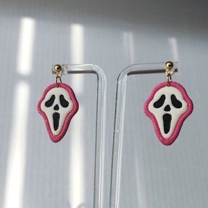 Ghostface pink white Polymer clay earrings handmade Lightweight 1.5"